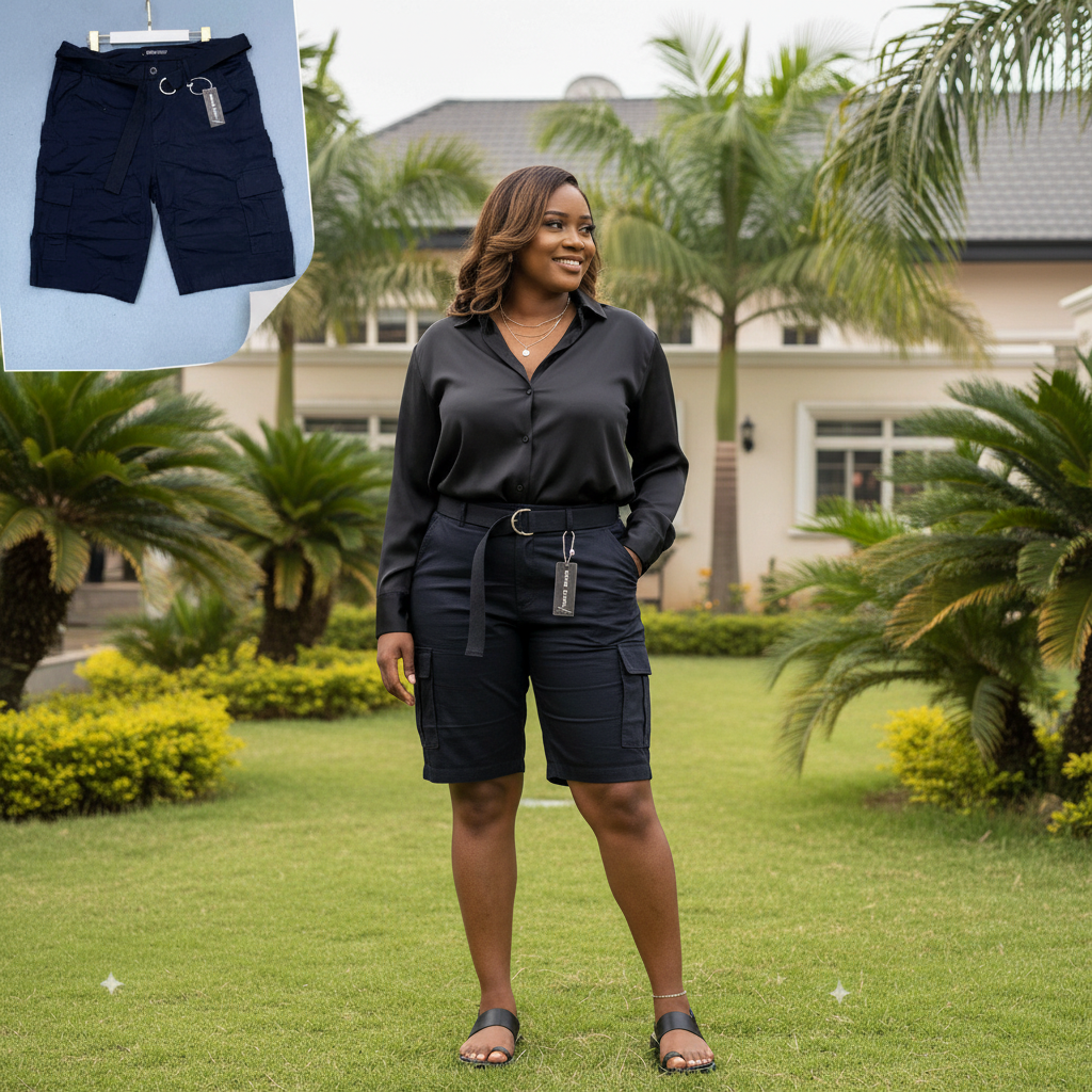 Nigerian female model wearing navy blue multi-pocket D-ring belt cargo shorts