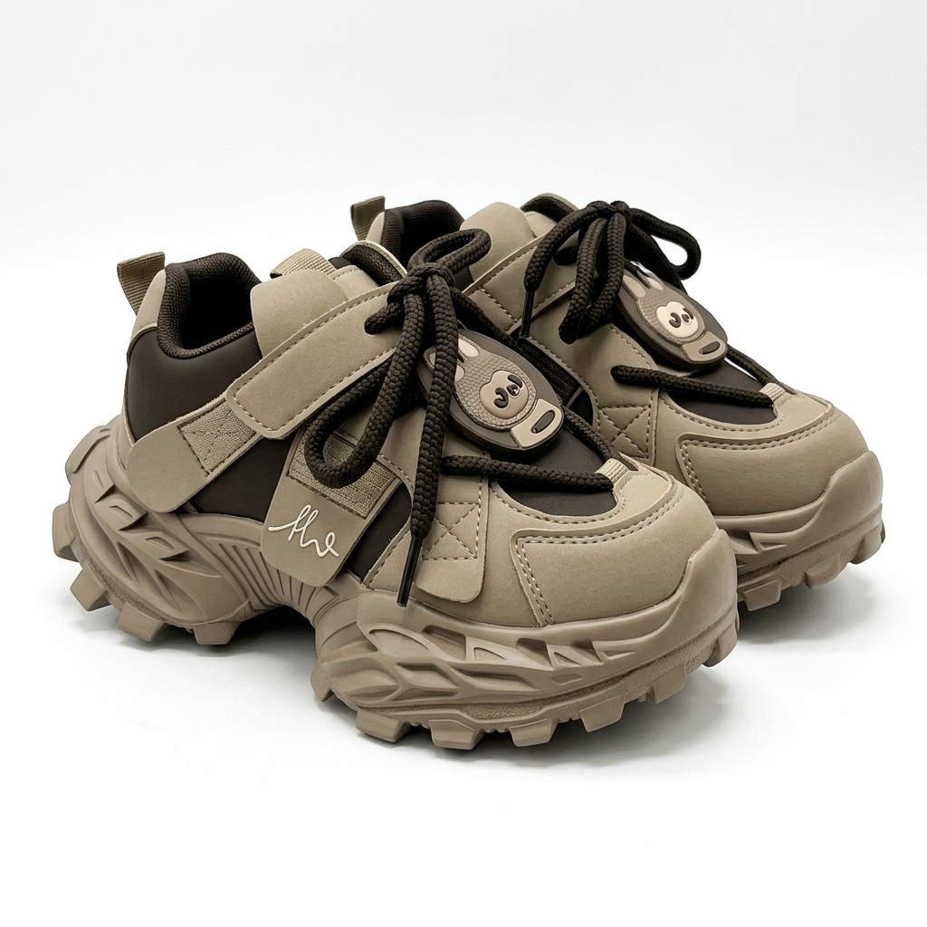 Matching taupe and brown face-motif chunky trainers