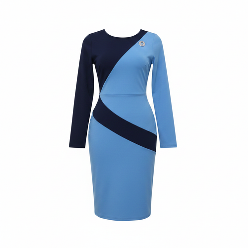 Ghost mannequin view of Women's Sky Blue & Navy Diagonal Colour-Block Long-Sleeve Bodycon Midi Dress