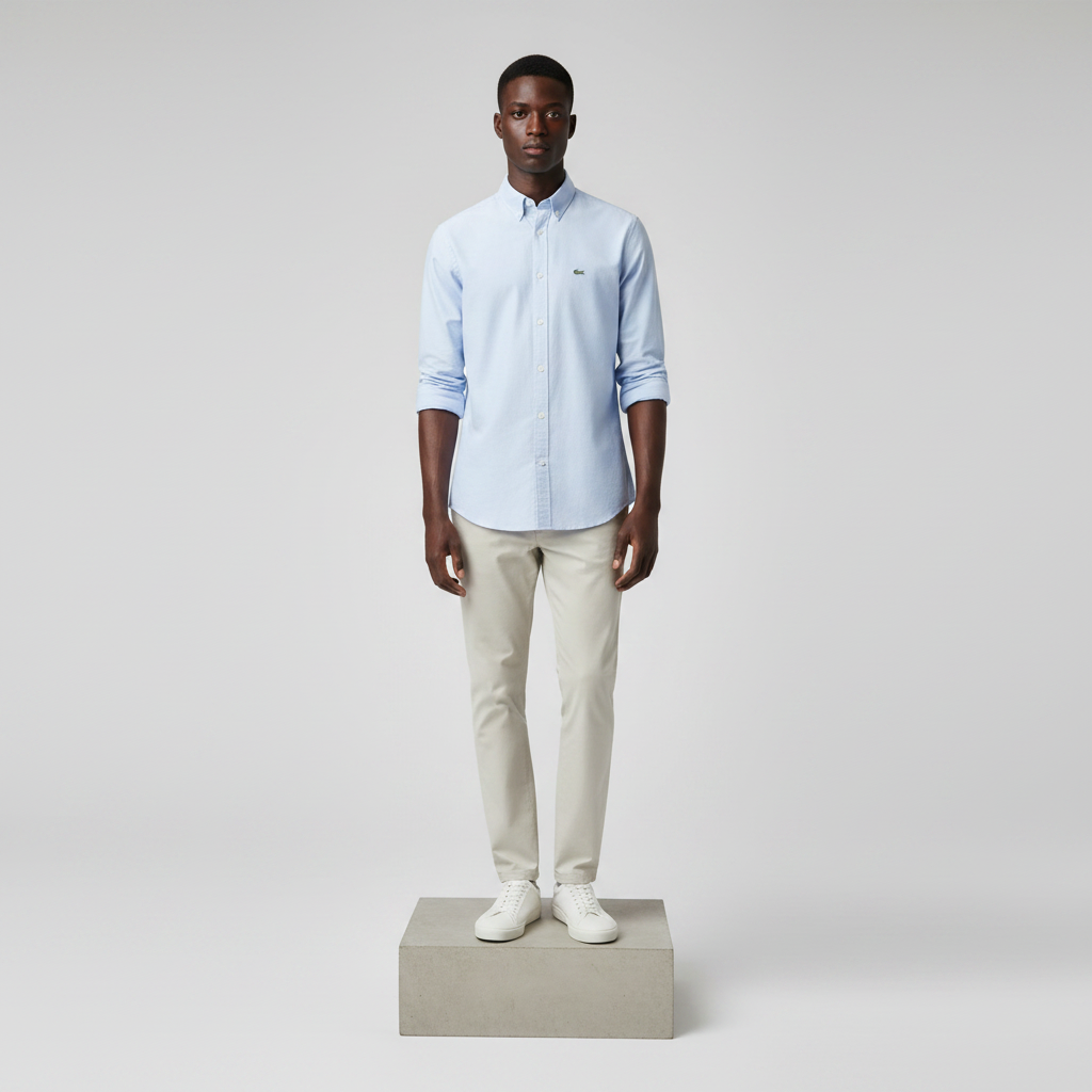 Nigerian male model wearing powder blue plain long-sleeved shirt, front view