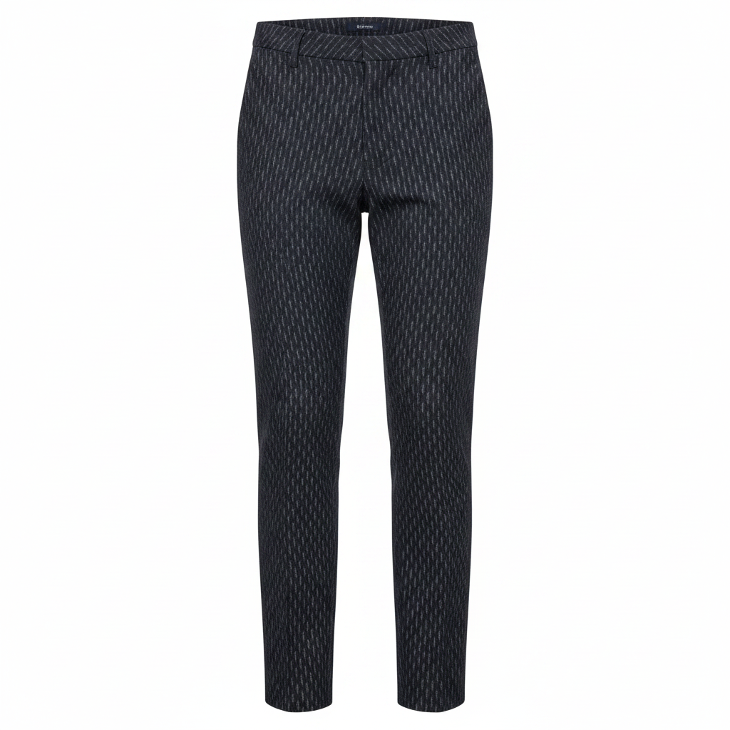 Dark blue pinstripe trousers on ghost mannequin, white background