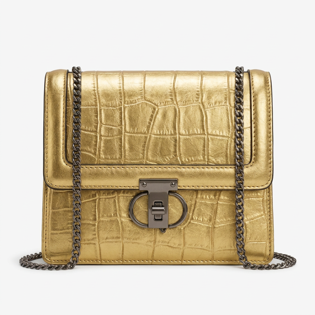 Women's metallic gold embossed flap bag with dark chain strap and circular clasp detail