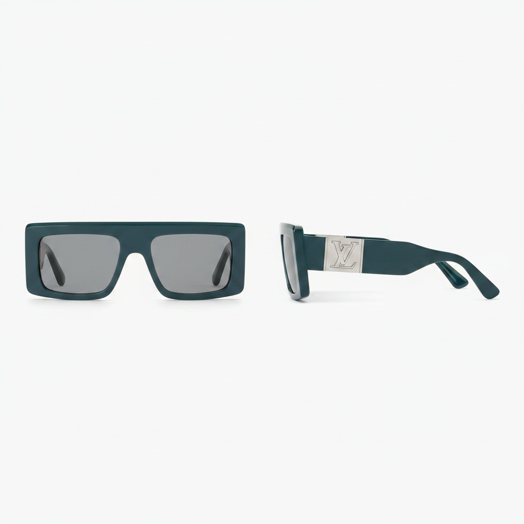 Unisex chunky rectangular teal sunglasses with silver hardware – front and side ghost mannequin view on white background