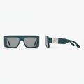 Unisex chunky rectangular teal sunglasses with silver hardware – front and side ghost mannequin view on white background