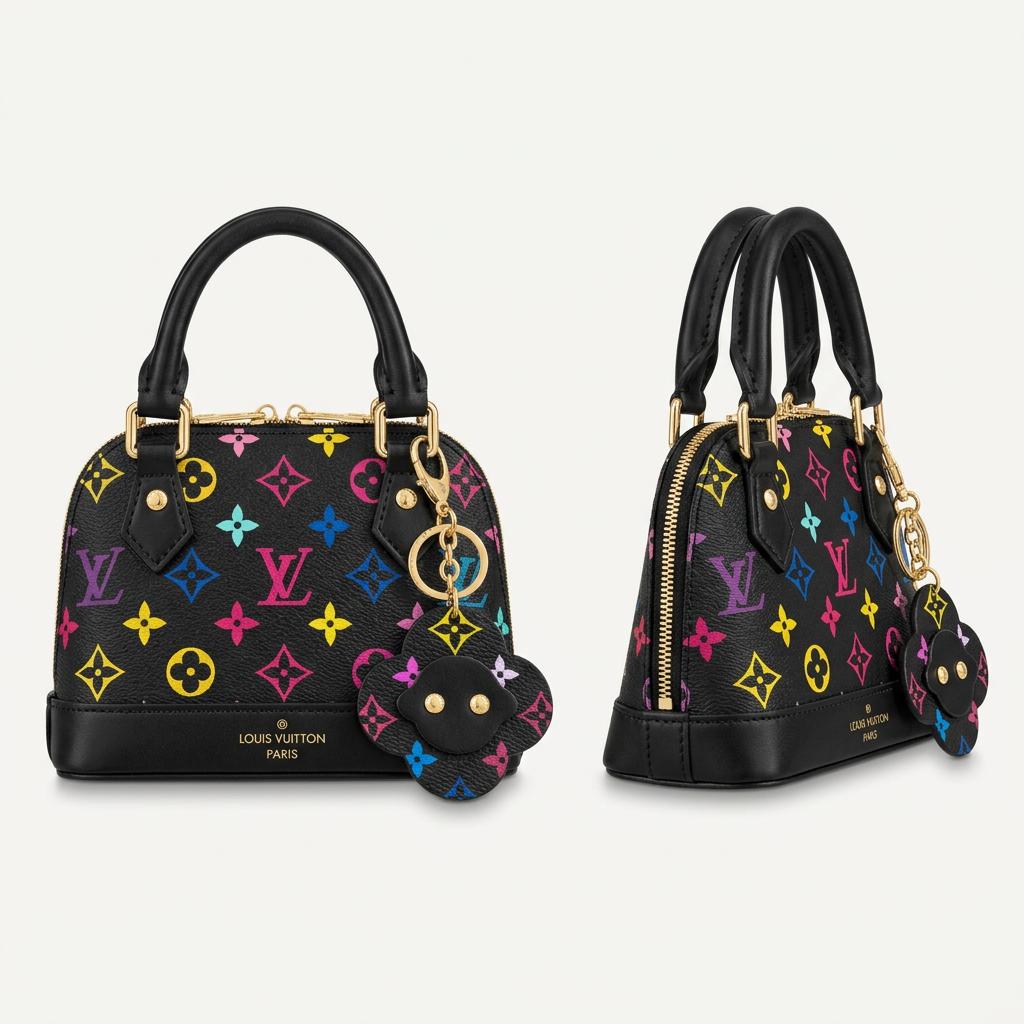 AI-generated front and angled catalog views of a black multicolour dome handbag with flower pouch