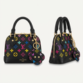 AI-generated front and angled catalog views of a black multicolour dome handbag with flower pouch