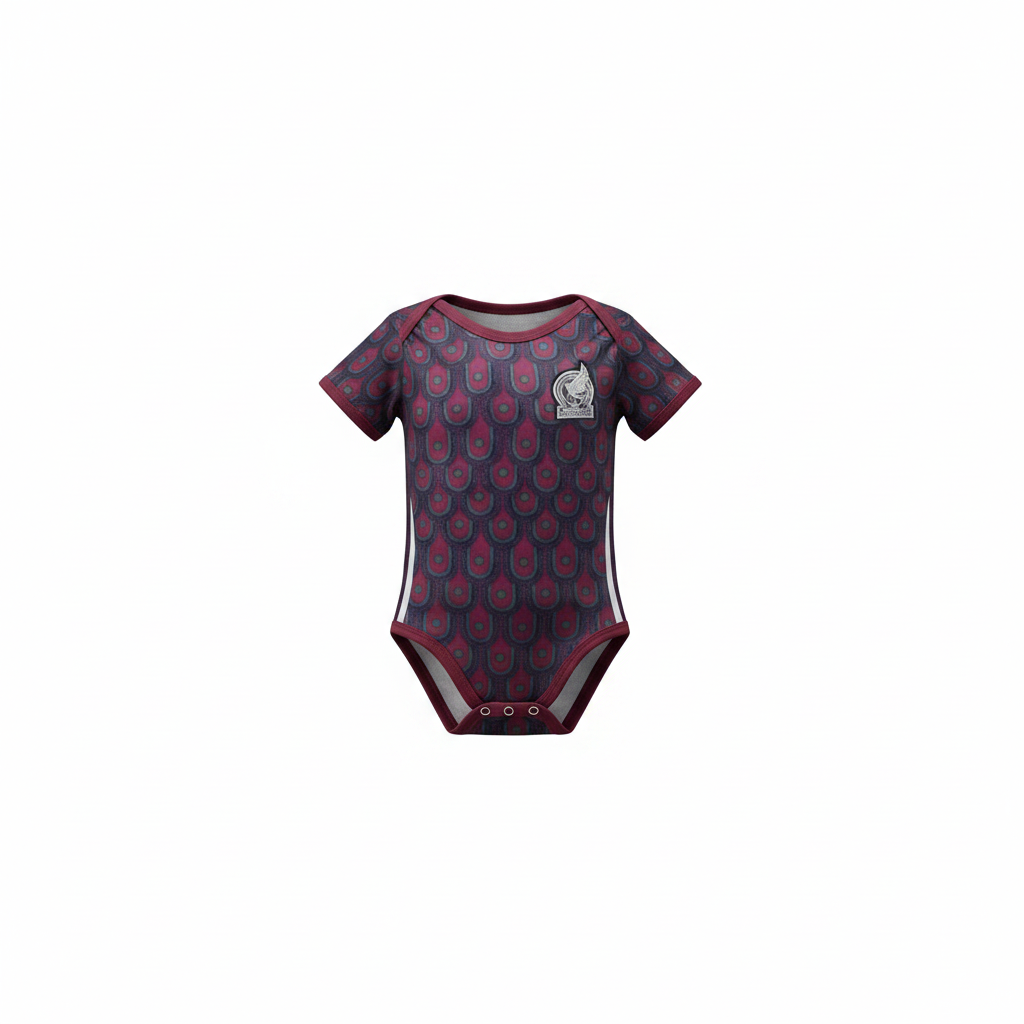 Baby maroon feather print football romper bodysuit – ghost mannequin front view on white background