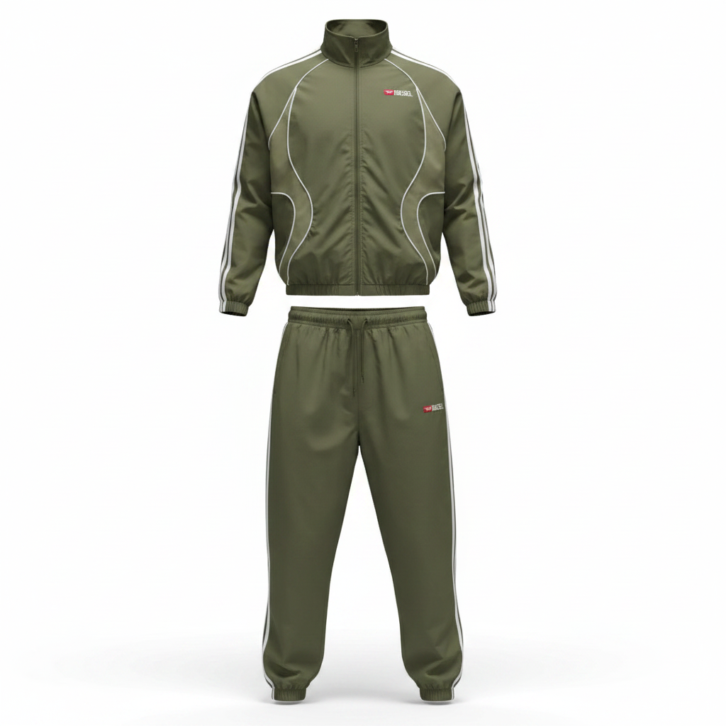 Ghost mannequin view of the olive green two-piece tracksuit