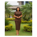 Women's Chocolate Brown Double-Breasted Peplum Midi Dress – Nigerian Female Model Shot
