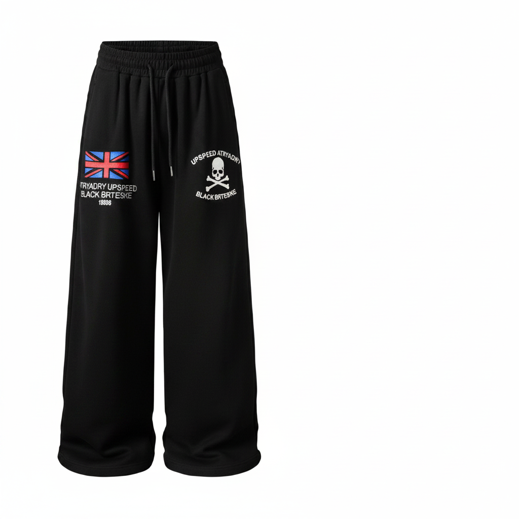 Men's black skull and flag graphic wide-leg sweatpants – ghost mannequin front view