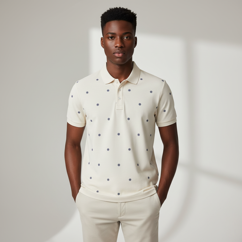 Nigerian model wearing cream ship wheel print polo shirt