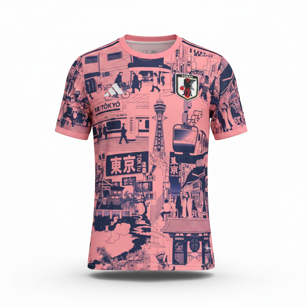 Pink cityscape graphic football jersey ghost mannequin front view