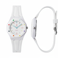 Unisex white octagonal pop watch with multicolour dot markers, front and side view