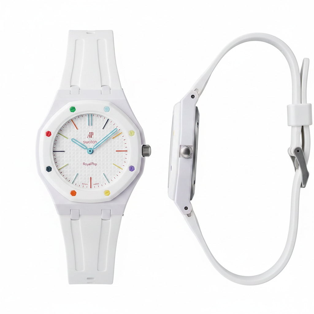 Unisex white octagonal pop watch with multicolour dot markers, front and side view
