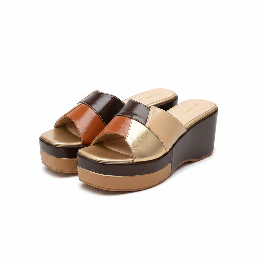 Women's gold and brown two-tone colour-block platform wedge slide — ghost mannequin view