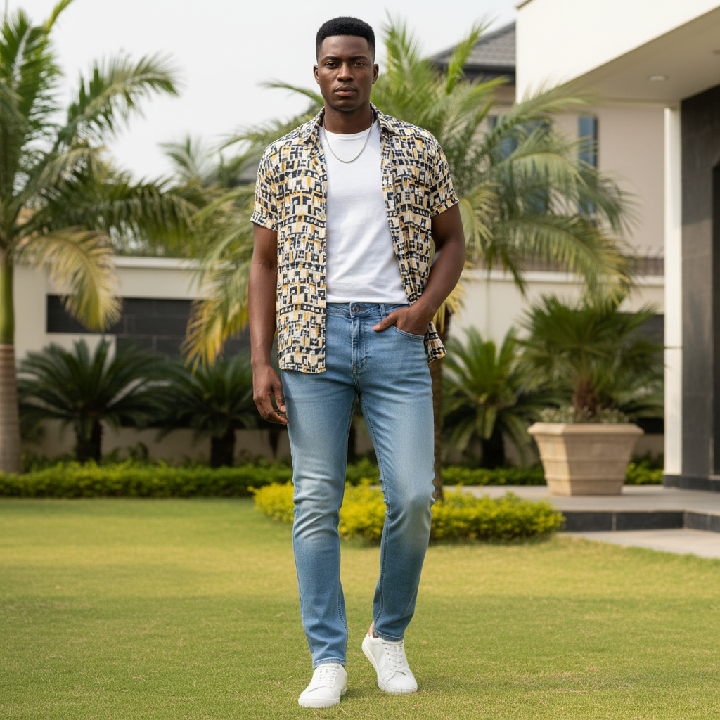 Nigerian male model wearing men's light blue slim washed jeans - front view
