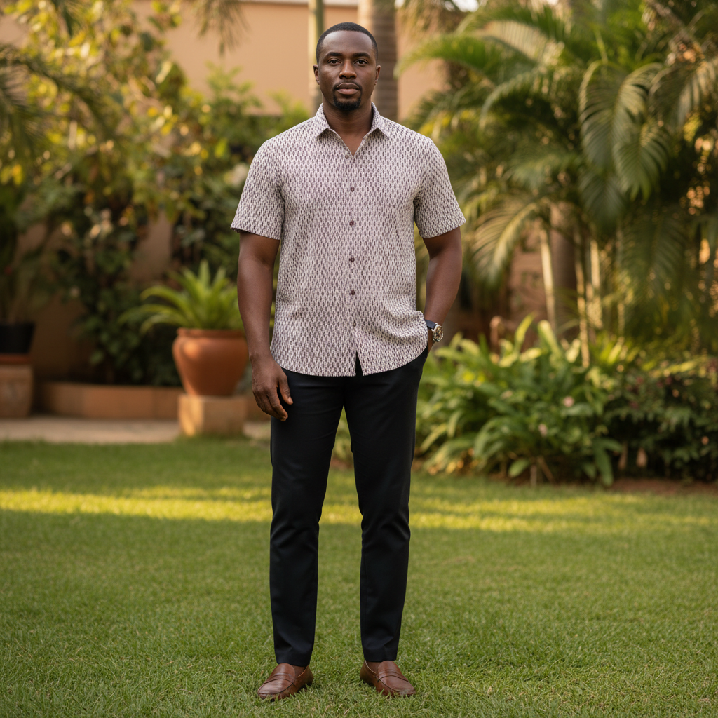 Nigerian male model wearing Diamond Print Short Sleeve Shirt front view