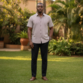 Nigerian male model wearing Diamond Print Short Sleeve Shirt front view