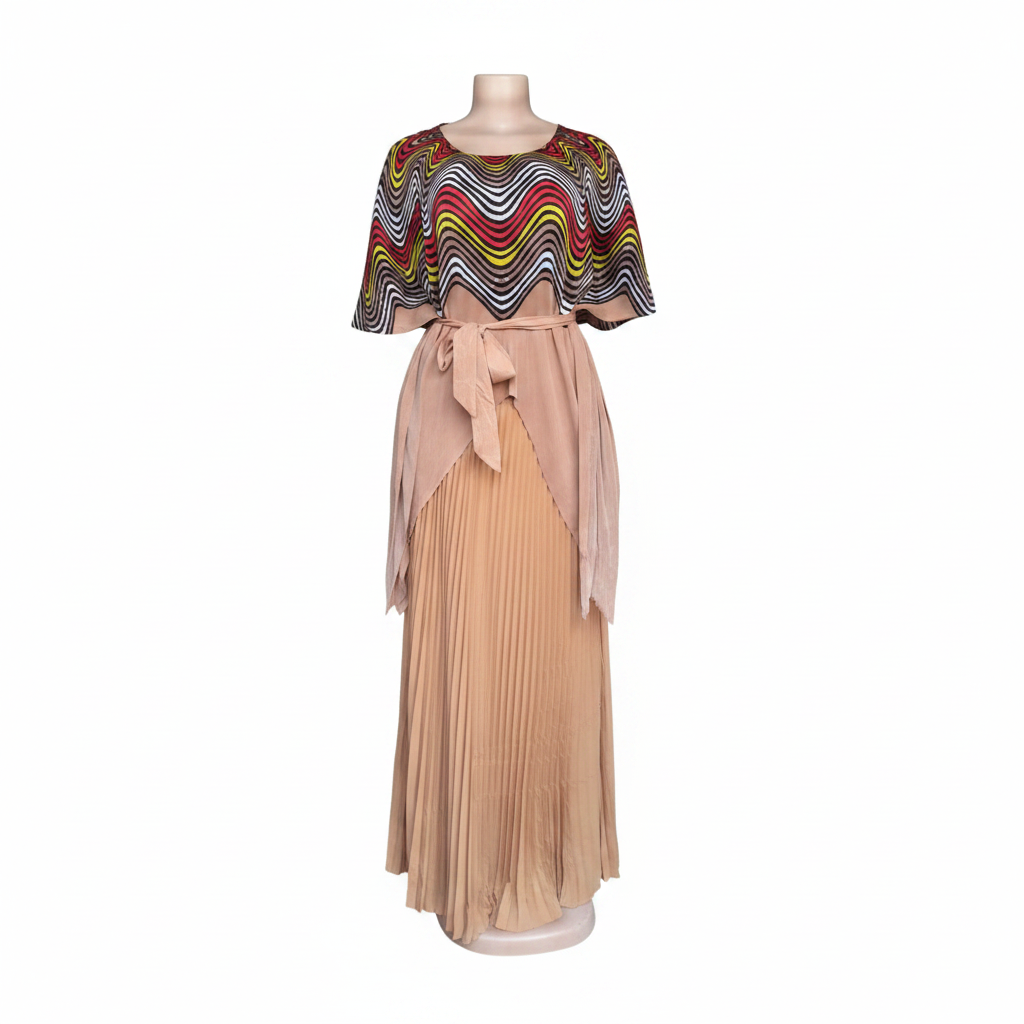 Ghost mannequin of multicolor wave print cape and pleated blush maxi set
