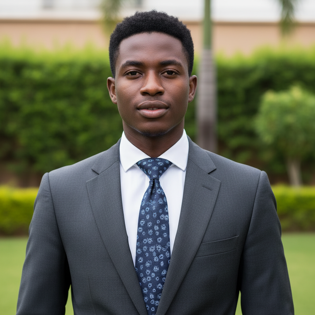 Nigerian male model wearing navy blue floral paisley pattern woven necktie with white shirt and charcoal suit