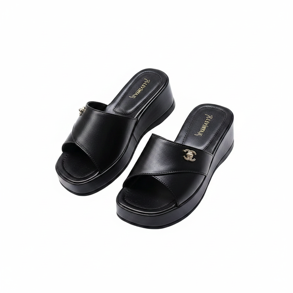 Women's Cross-Strap Platform Wedge Slide - Black Ghost Mannequin