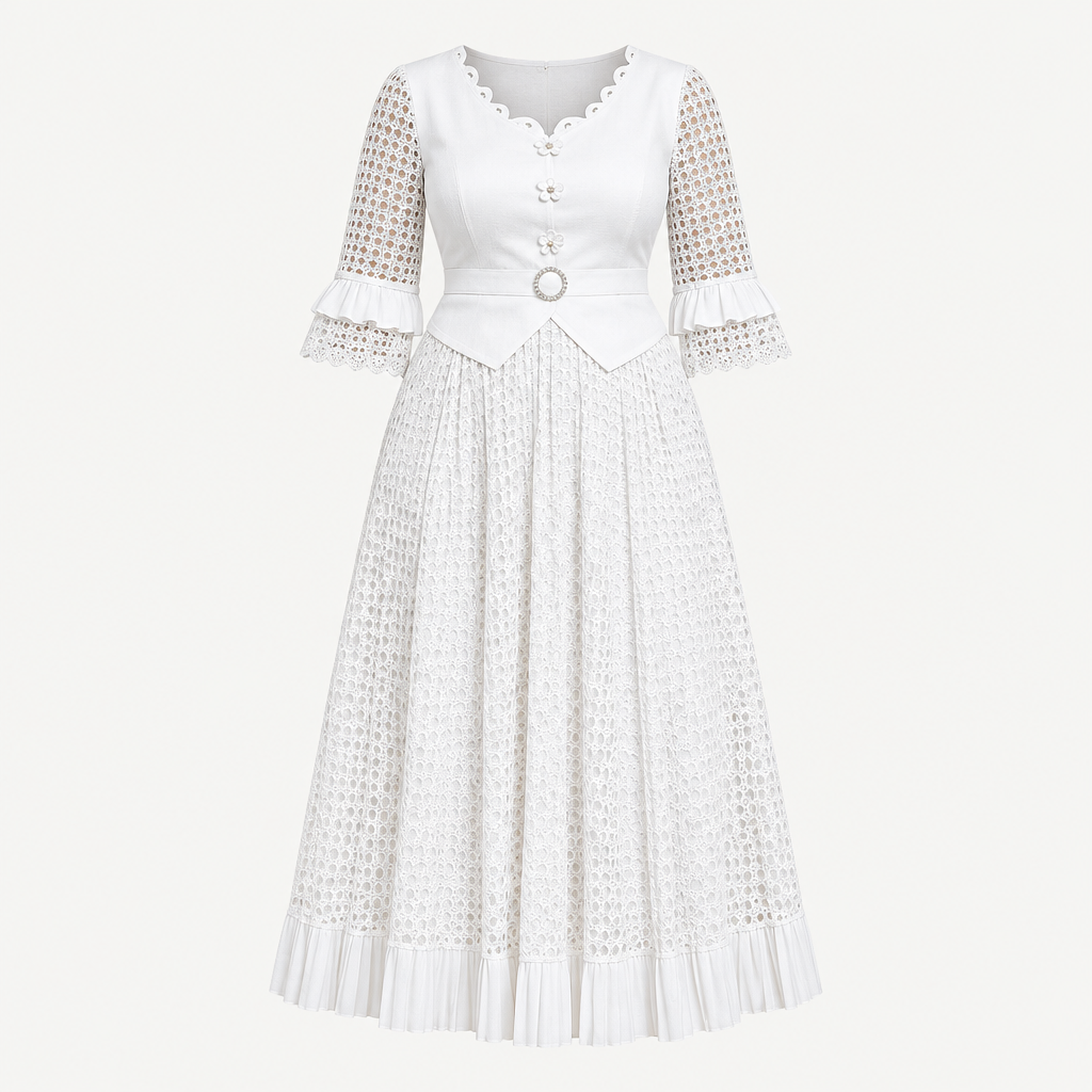 Ghost mannequin view of a white geometric openwork gown with ruffle sleeves and a belted waist