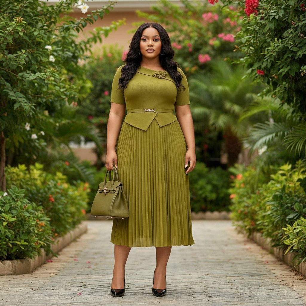 Nigerian female model wearing olive green corsage belted pleated midi gown in garden setting