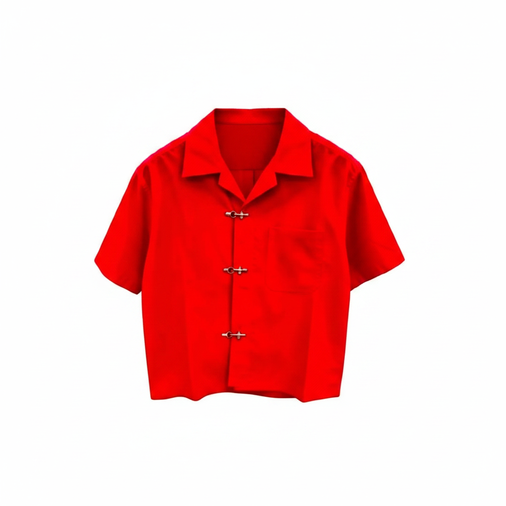 Men's red camp collar shirt with silver hook-clasp fasteners – ghost mannequin front view