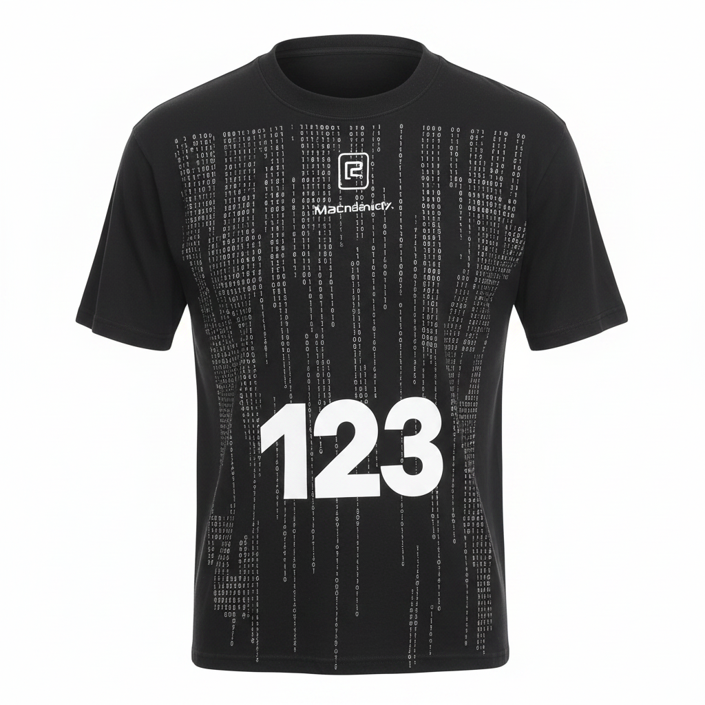 Men's black binary code graphic print shirt ghost mannequin front view