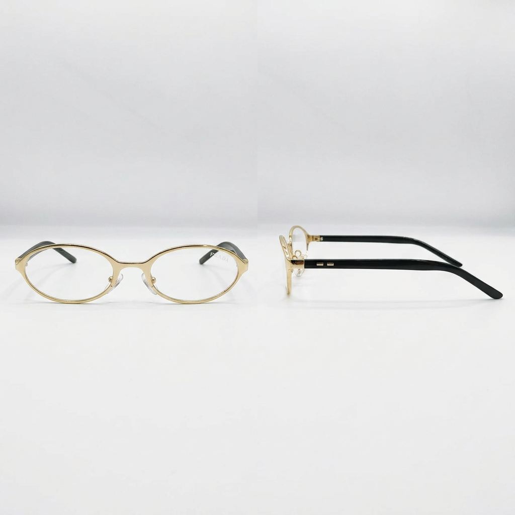 Gold-tone oval clear-lens glasses with black arms, front and side views