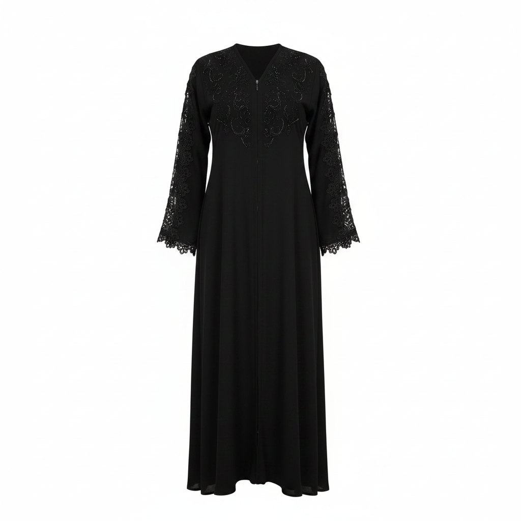 Black lace-trim abaya ghost mannequin front view