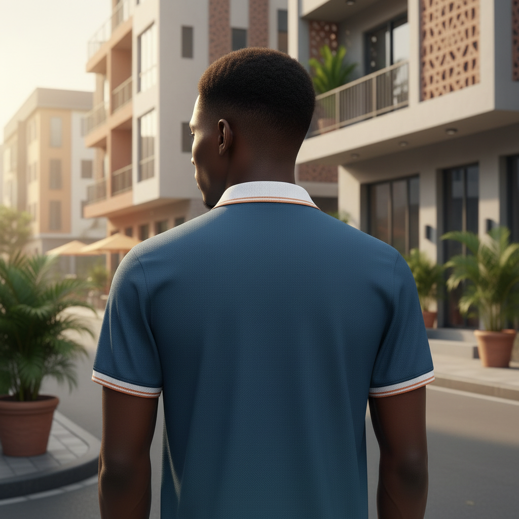 Young Nigerian male model wearing teal tipped collar polo shirt, back view, Nigerian urban background