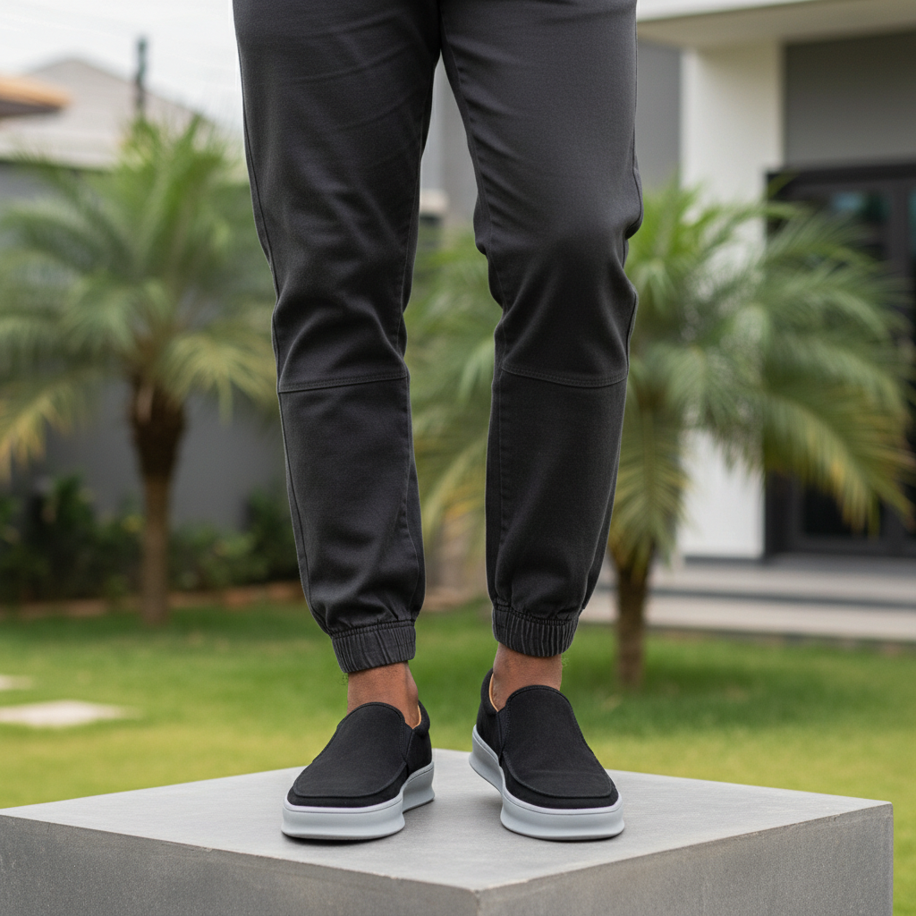 Leg-focused shot of Nigerian male model wearing navy black suede slip-on sneakers with grey sole and mustard accent