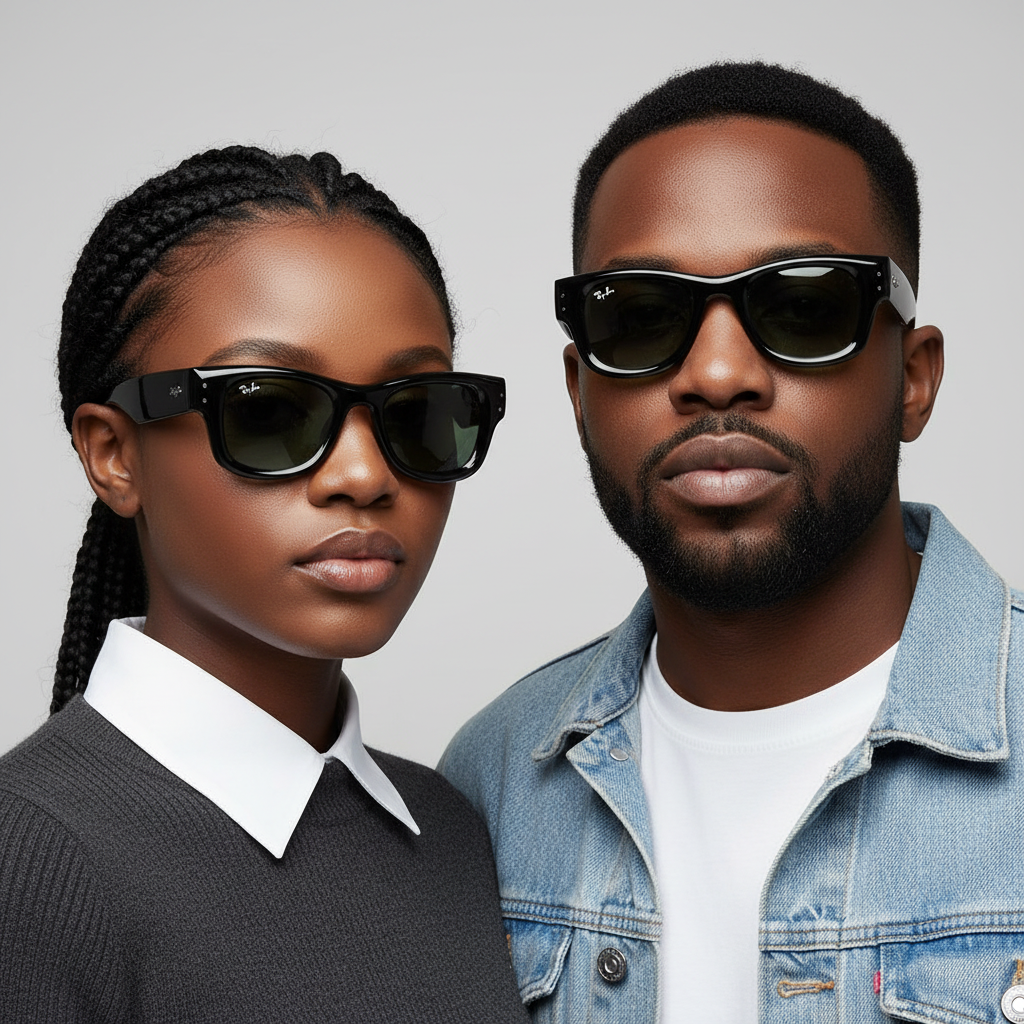 Nigerian female and male models wearing gloss black wayfarer sunglasses with green tinted lenses