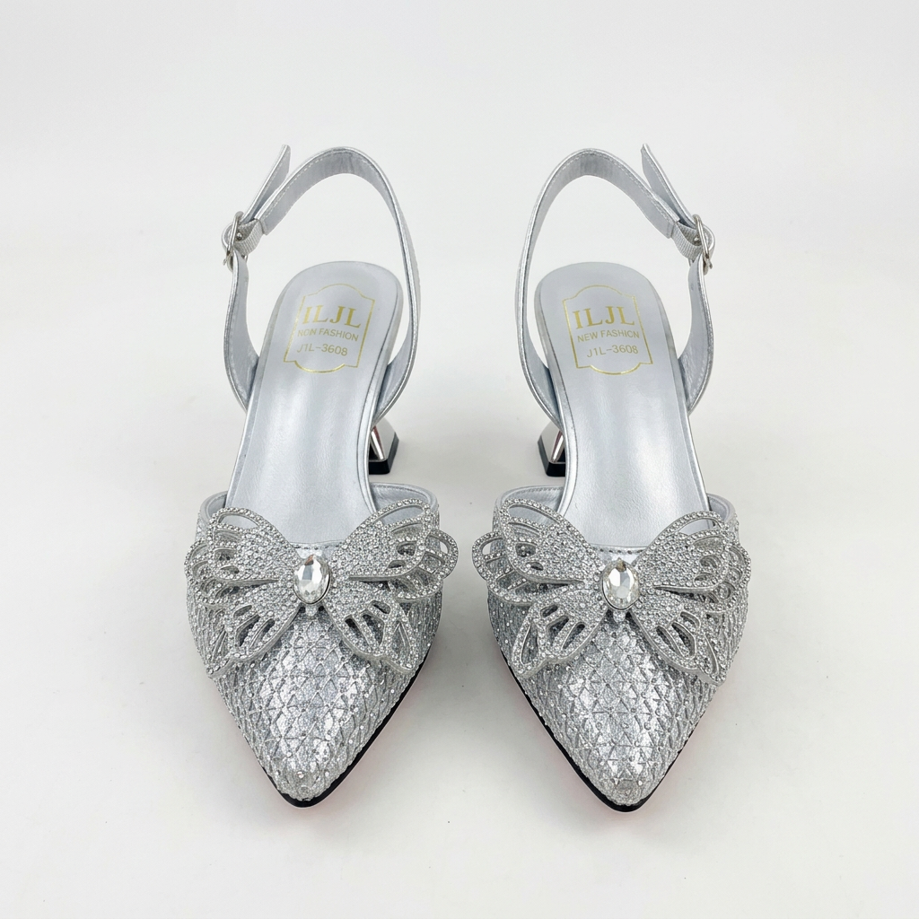 Silver butterfly-detail pointed-toe slingback low-heel pair