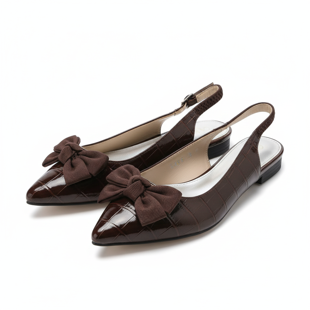 Women's dark brown croc patent bow slingback flat - ghost mannequin pair view