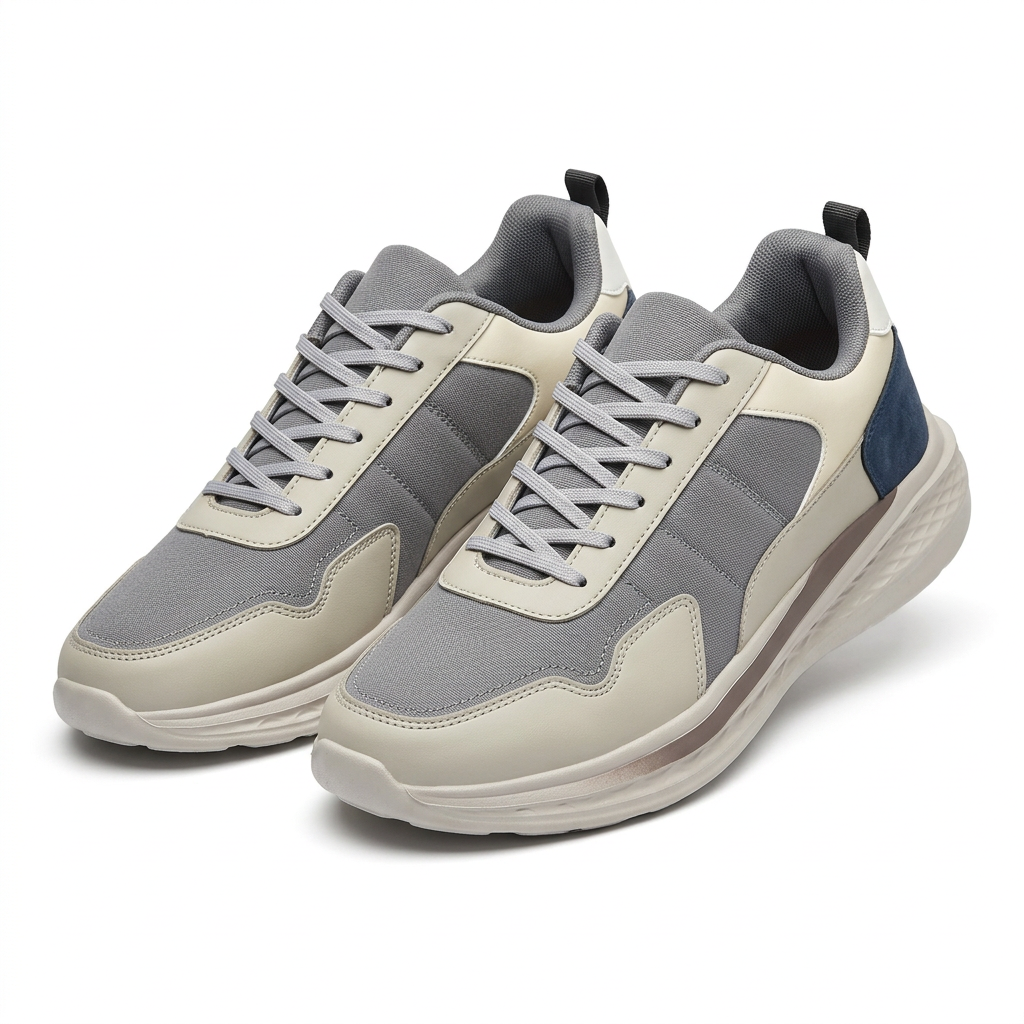 Pair of grey and cream navy-accent panelled sneakers on a white background