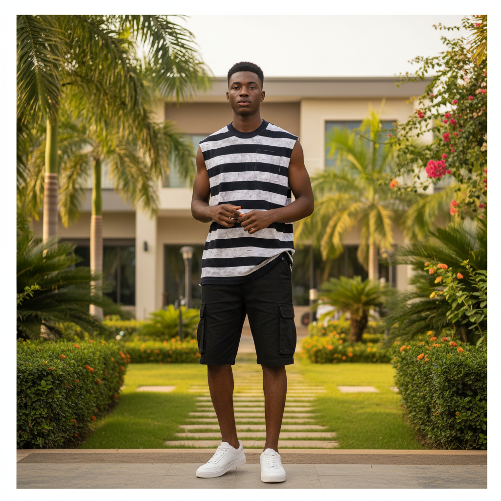 Men's Black White Stripe Sleeveless Knit Top – Nigerian Male Model Shot