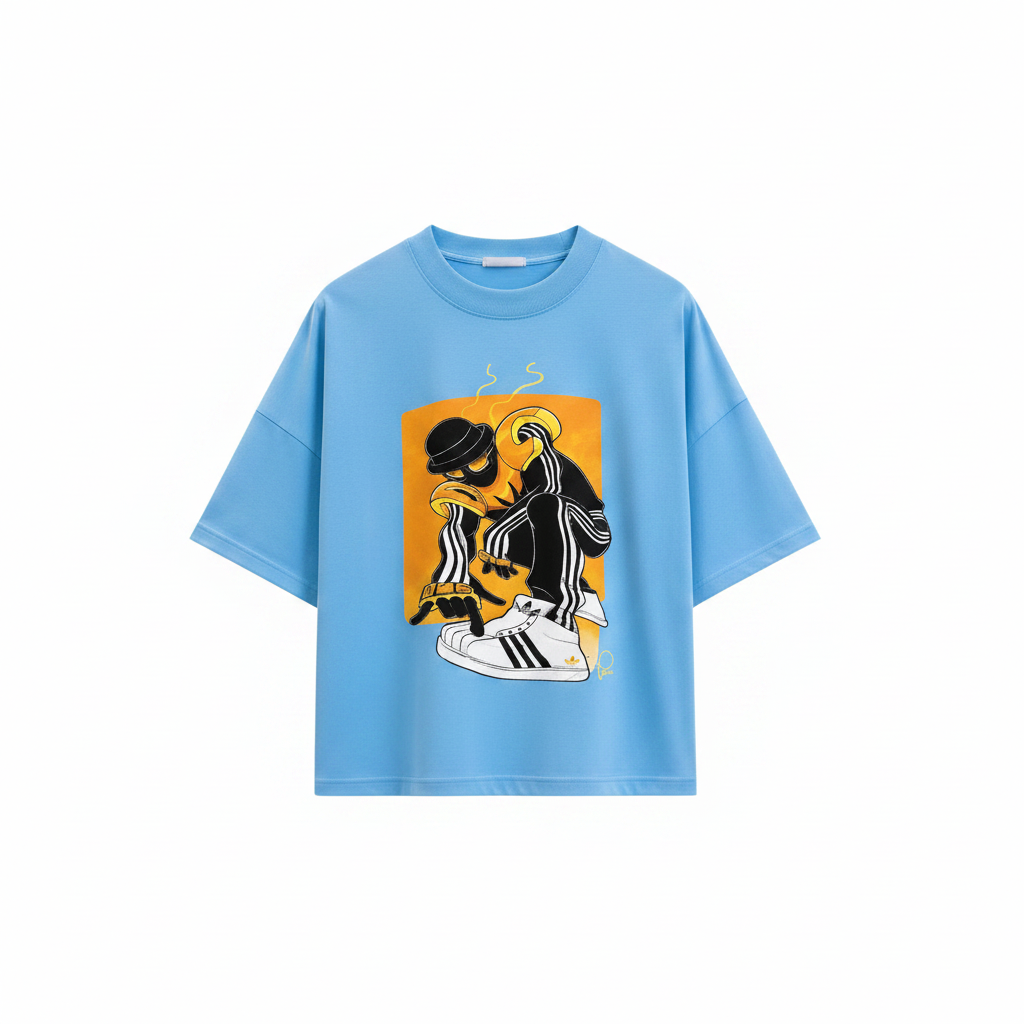 Men's Sky Blue Cropped Oversized Illustrated Graphic T-Shirt – Ghost Mannequin Front View