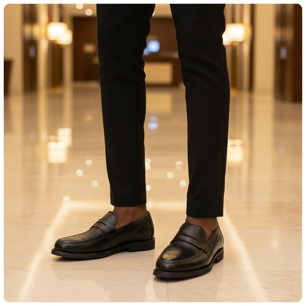 Nigerian male model wearing Clarks all-black brogue penny loafers, tight zoomed-in smart-luxury leg focus lifestyle shot
