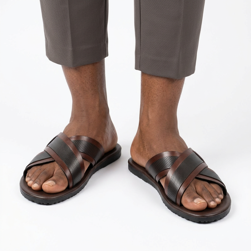 Both brown perforated cross-strap slides worn by a male model on white