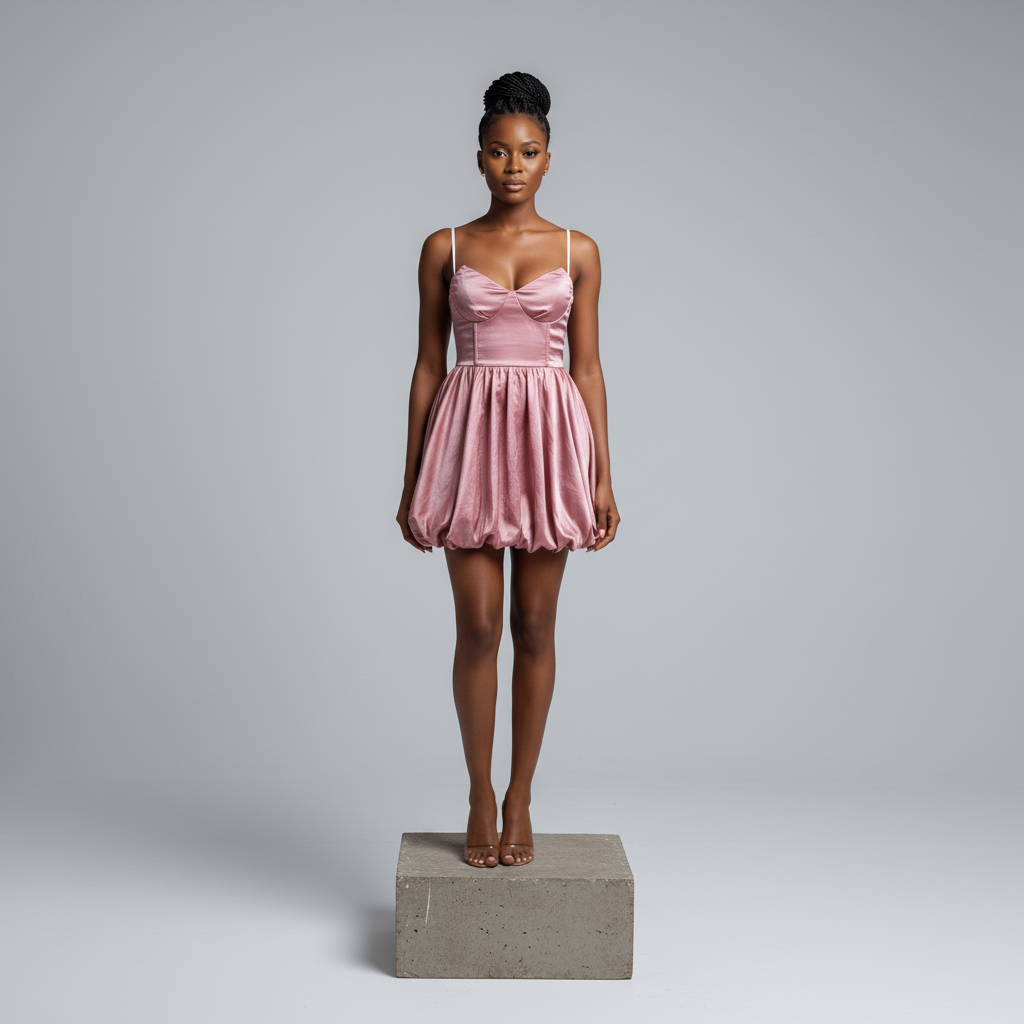 Dusty Rose Satin Bustier Bubble Mini Dress – Model Shot