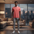 Nigerian model wearing coral stripe collar polo shirt