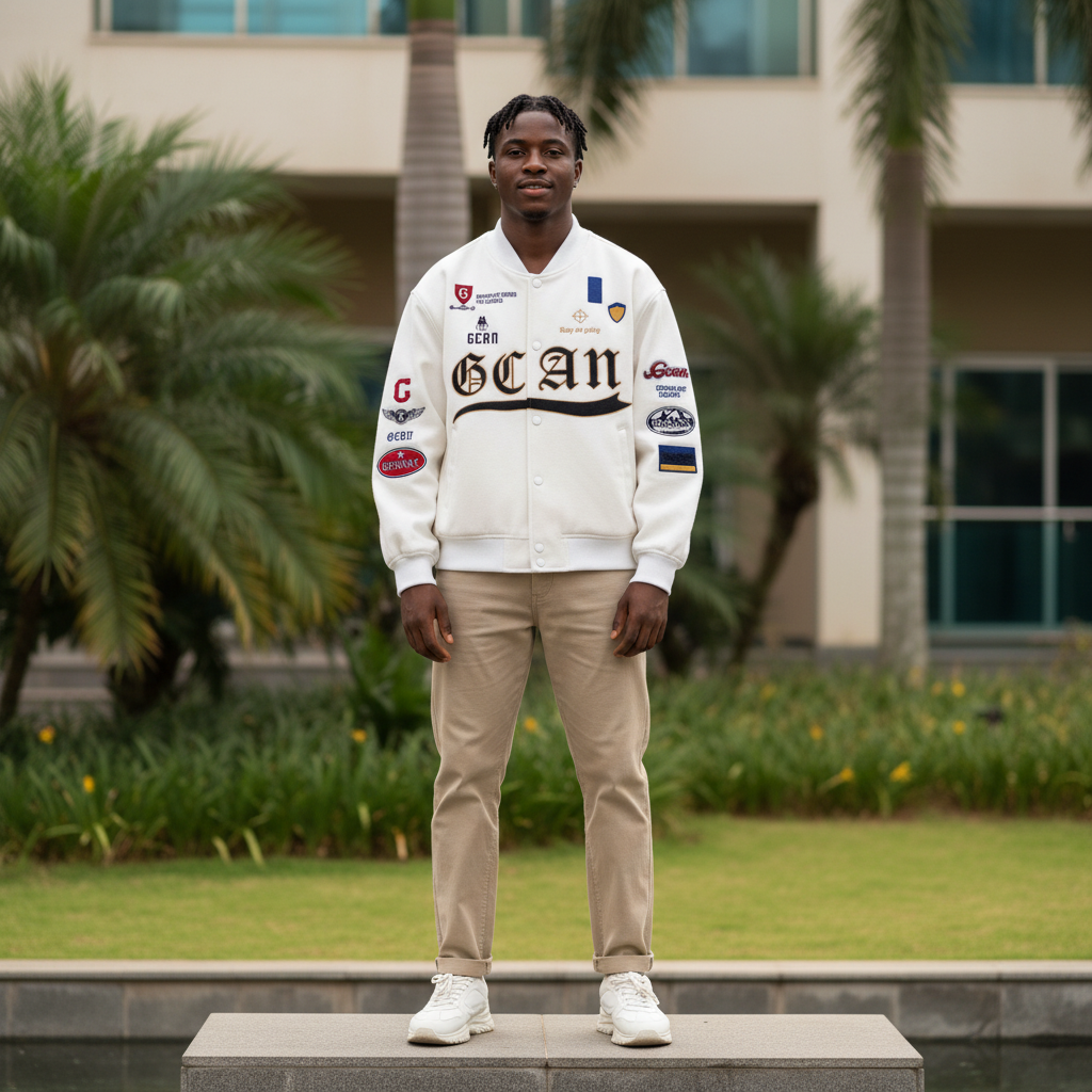 Men's White Multi-Patch Embroidered Varsity Jacket – Nigerian Male Model Shot