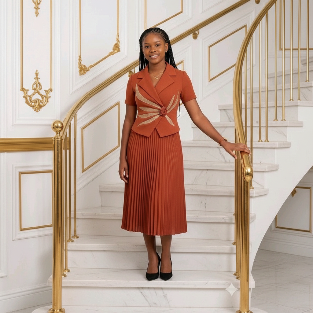 Nigerian teenage girl model wearing terracotta pleated midi dress with rosette detail