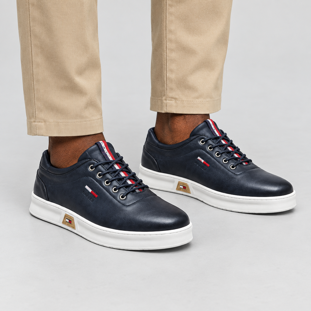 Dark navy lace-up shoes worn with beige trousers