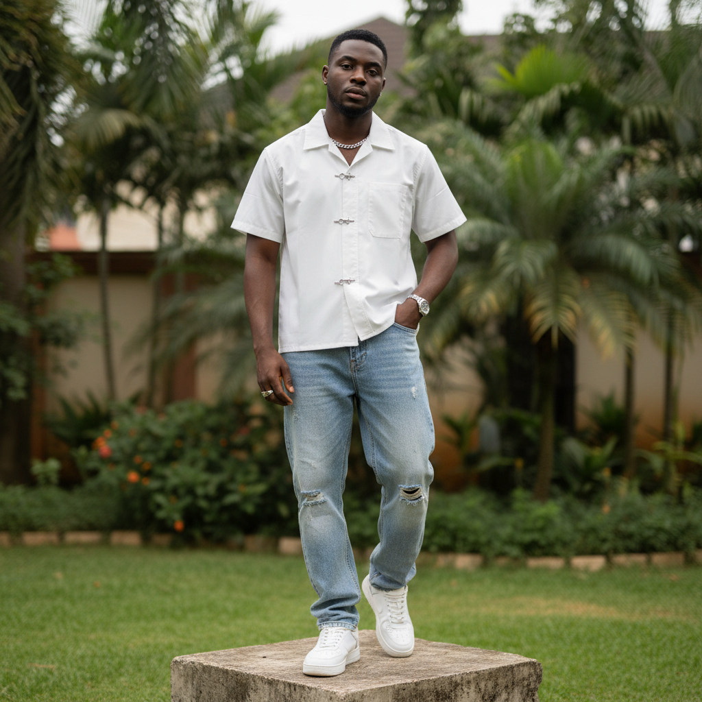 Nigerian male model wearing white camp collar hook-clasp shirt – full body lifestyle shot