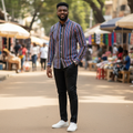 Nigerian male model wearing Multi-Colour Bold Vertical Stripe Long-Sleeve Button-Down Shirt