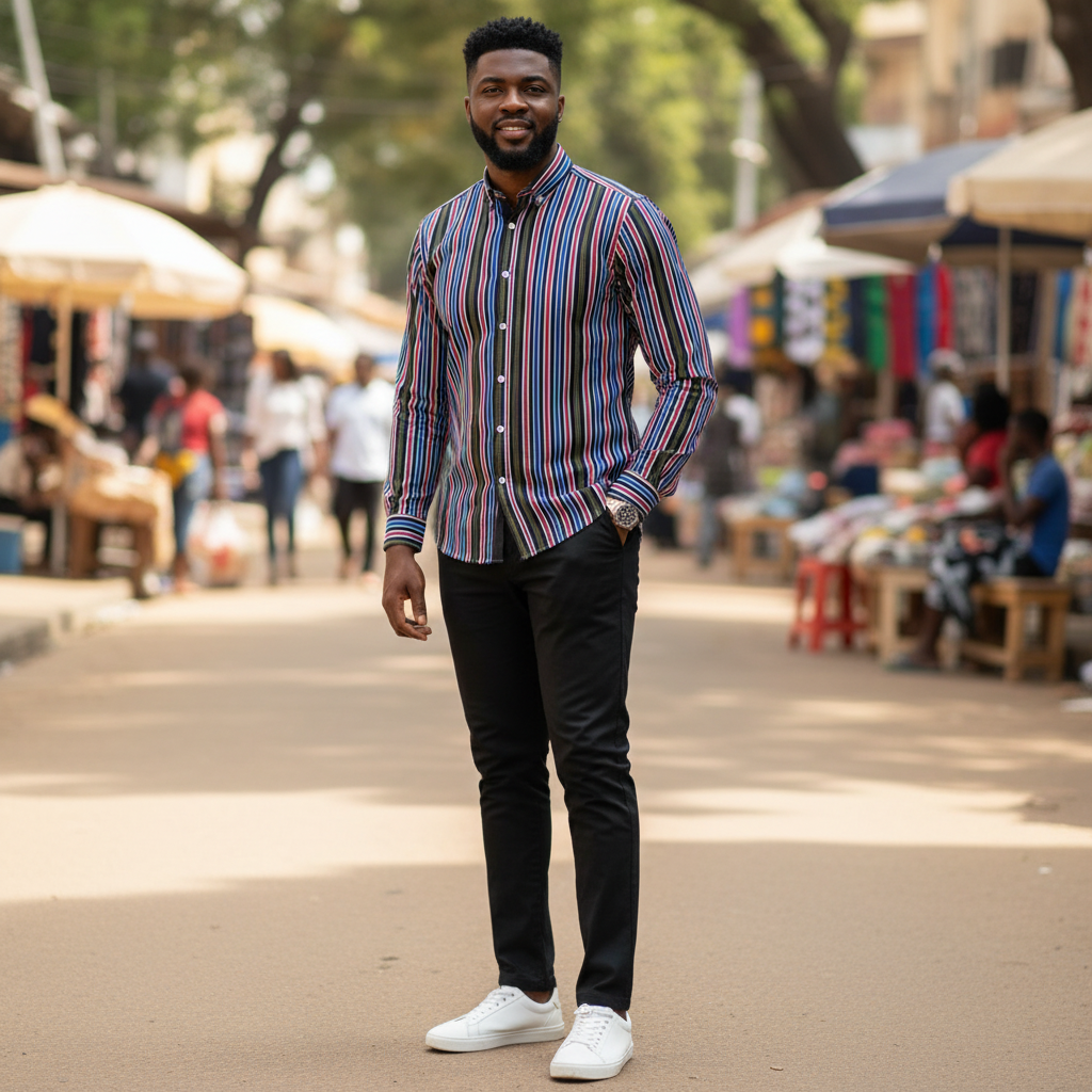 Nigerian male model wearing Multi-Colour Bold Vertical Stripe Long-Sleeve Button-Down Shirt