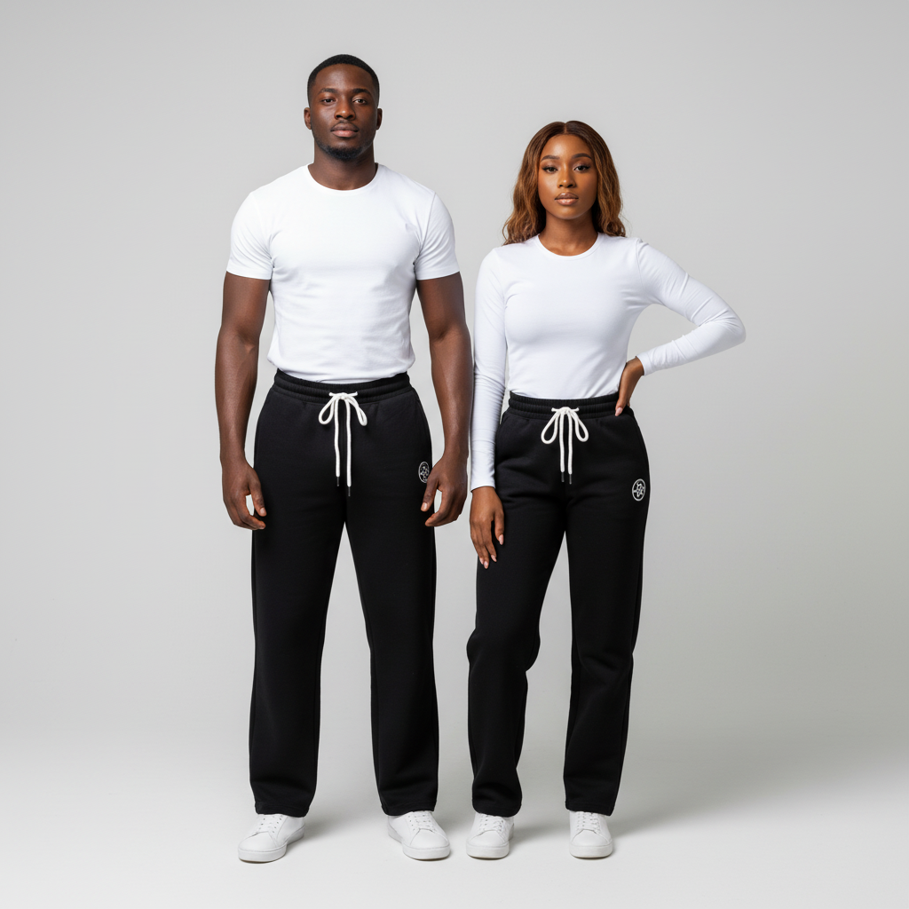 African Nigerian couple wearing unisex black wide-leg sweatpants with embroidered logo